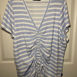 Lane Bryant Blue and White Ruched Tie Front T-Shirt